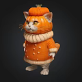 Cute Cat Wearing Orange Sweater And Pumpkin Hat On Dark Background