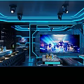 Modern KTV Lounge Interior With Blue Neon Lights Screens Bar Counter And Sofa Area 3d model