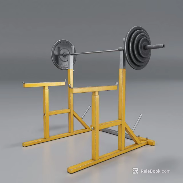 Sturdy Yellow Steel Frame Barbell Rack with Barbell and Weight Plates for Gym Training 3d model 