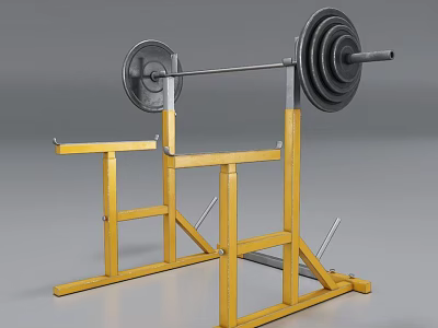 Sturdy Yellow Steel Frame Barbell Rack with Barbell and Weight Plates for Gym Training 3d model