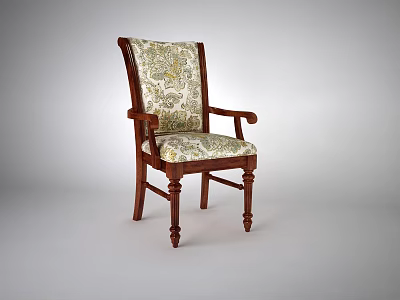 Classic Wooden Dining Chair With Upholstered Floral Pattern Fabric And Armrests 3d model