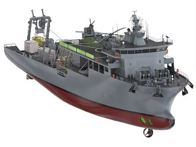 Gray Hull Red Bottom Military Vessel With Upper Structure Antenna And Crane 3d model