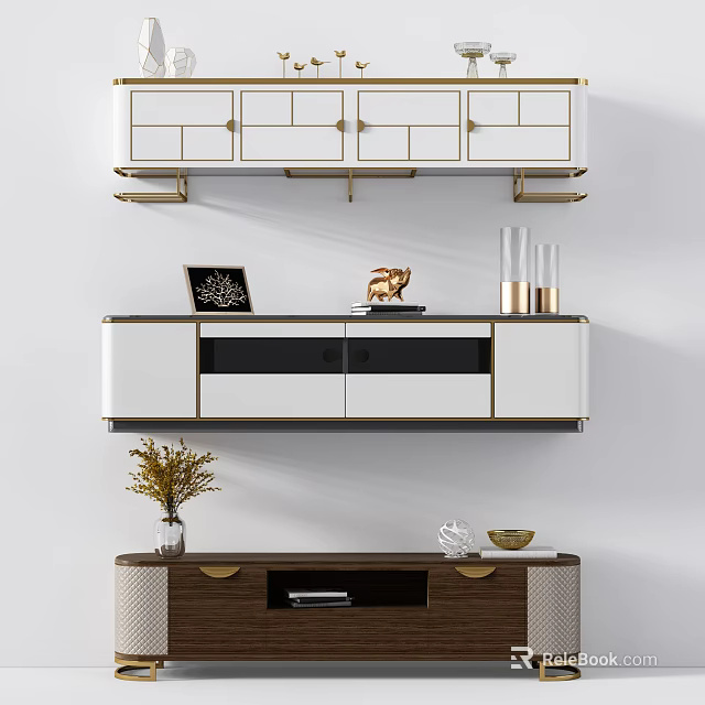 Modern TV Stand With White Cabinet Wood Shelf And Decorative Ornaments 3d model 