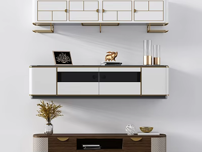 Modern TV Stand With White Cabinet Wood Shelf And Decorative Ornaments 3d model