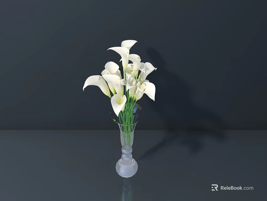 White Calla Lilies Arrangement In Transparent Glass Vase On Dark Surface 3d model 