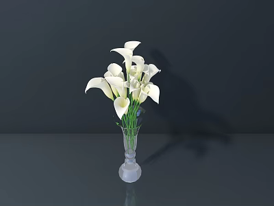 White Calla Lilies Arrangement In Transparent Glass Vase On Dark Surface 3d model