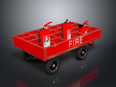 Red Fire Cart With Three Fire Extinguishers Black Wheels And FIRE Lettering 3d model