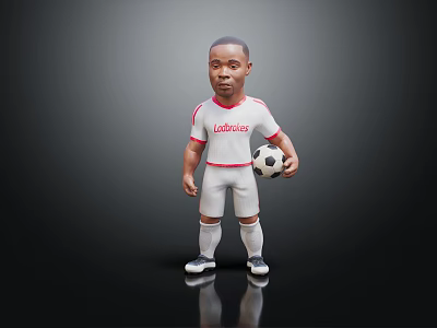 Man wearing white soccer uniform with red trim and Latitude text holding soccer ball 3d model
