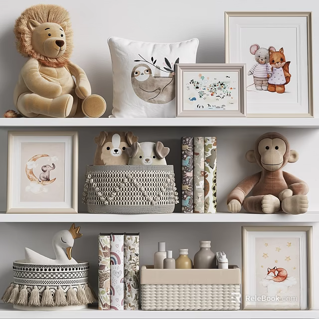 Cute Plush Stuffed Toys on Shelves with Framed Pictures Books and Decor Items 3d model 