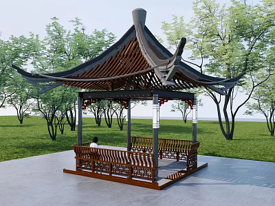 Chinese Style Wooden Pavilion With Traditional Roof And Benches In Grassland Surrounded By Trees 3d model