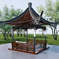 Chinese Style Wooden Pavilion With Traditional Roof And Benches In Grassland Surrounded By Trees