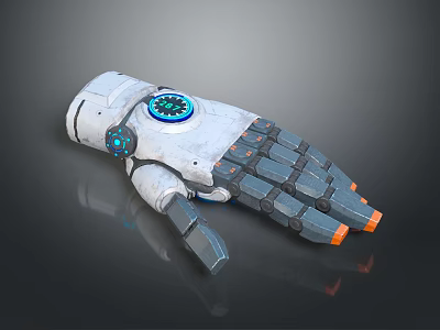 Household Mechanical Arm With Blue Dial Gray Body Orange Details Metallic Reflective Surface 3d model