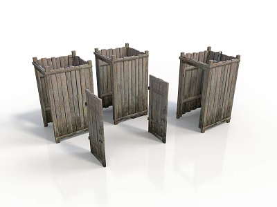 Three Vintage Wooden Storage Crates With Open Doors And Rustic Design 3d model