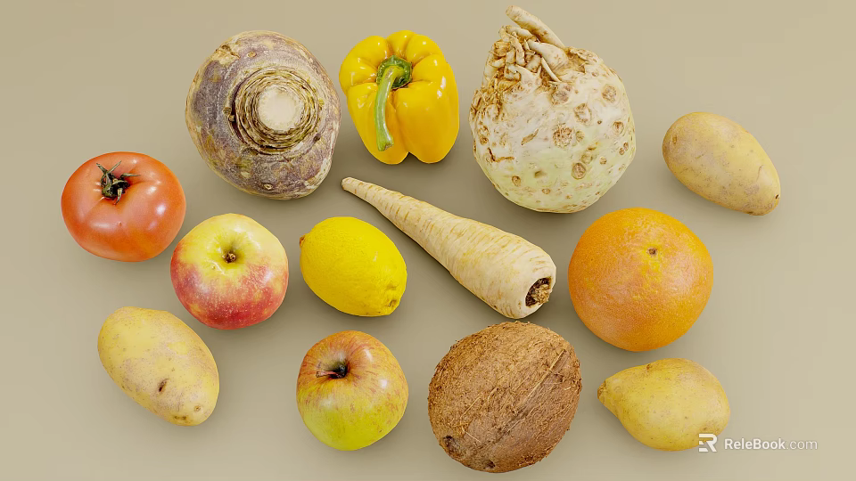 Fresh Assorted Food Ingredients Featuring Tomato Apple Lemon Orange Coconut And Root Vegetables 3d model 