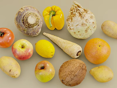 Fresh Assorted Food Ingredients Featuring Tomato Apple Lemon Orange Coconut And Root Vegetables 3d model