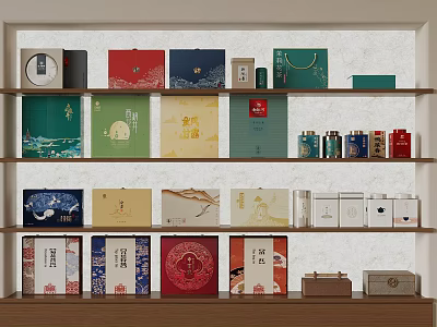 Various Colorful Packaging Boxes With Diverse Designs On Multi Layer Wooden Shelves 3d model