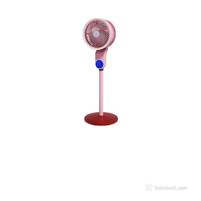 Pink Standing Fan With Stable Red Base And Blue Control Button Design 3d model 