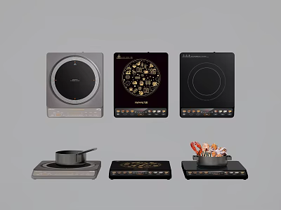 Modern Kitchen Electrical Appliances With Various Induction Cooktops And Cooking Pots 3d model