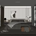 Modern Bedroom Interior With Gray Bedding Abstract Wall Art Nightstands And Glass Door Wardrobe