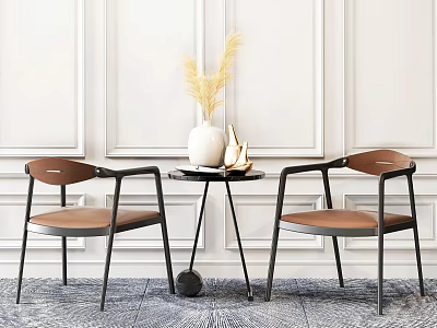 Modern Table and Chair Set with Brown Leather Seats Black Metal Legs and Decorative Vase 3d model