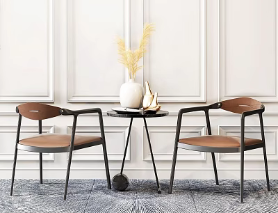 Modern Table and Chair Set with Brown Leather Seats Black Metal Legs and Decorative Vase 3d model