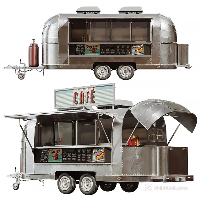 Vintage Metal Cafe Food Truck With Awning Food Display And Beverages 3d model 