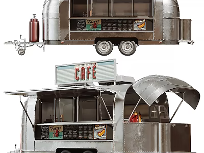 Vintage Metal Cafe Food Truck With Awning Food Display And Beverages 3d model