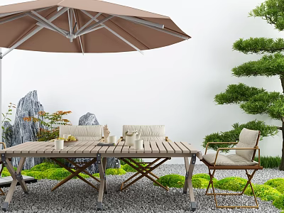 Serene Garden Patio With Wooden Dining Table Chairs Brown Umbrella Pine Tree And Gravel Ground 3d model