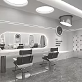 Modern Beauty Salon Interior With White Orange Decor Marble Floor Hairdressing Chairs And Round Lights
