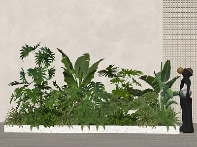 Lush Tropical Plant Combination With Large Leaves Black Sculpture And Wall Background 3d model