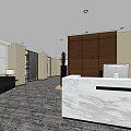 Modern Front Desk Reception Interior With Marble Counter Black Sofas Large Windows And Circular Ceiling