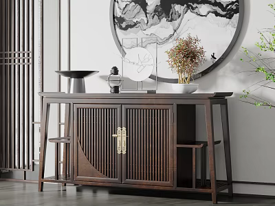 Modern Chinese Style Wooden Entryway Side Cabinet With Lattice Doors Brass Handles And Decorative Items 3d model