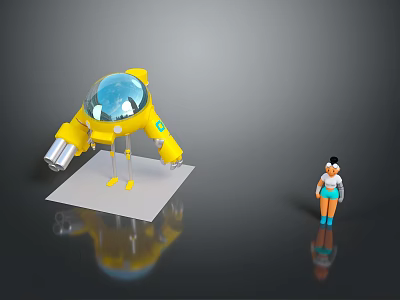 Small Character In Blue Outfit With Yellow Robot Transparent Dome And Mechanical Arms 3d model