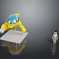 Small Character In Blue Outfit With Yellow Robot Transparent Dome And Mechanical Arms