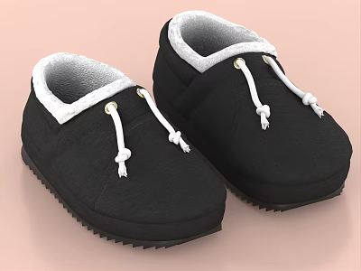 Black Slippers with White Fleece Lining and White Knotted Strings for Cozy Home Use 3d model