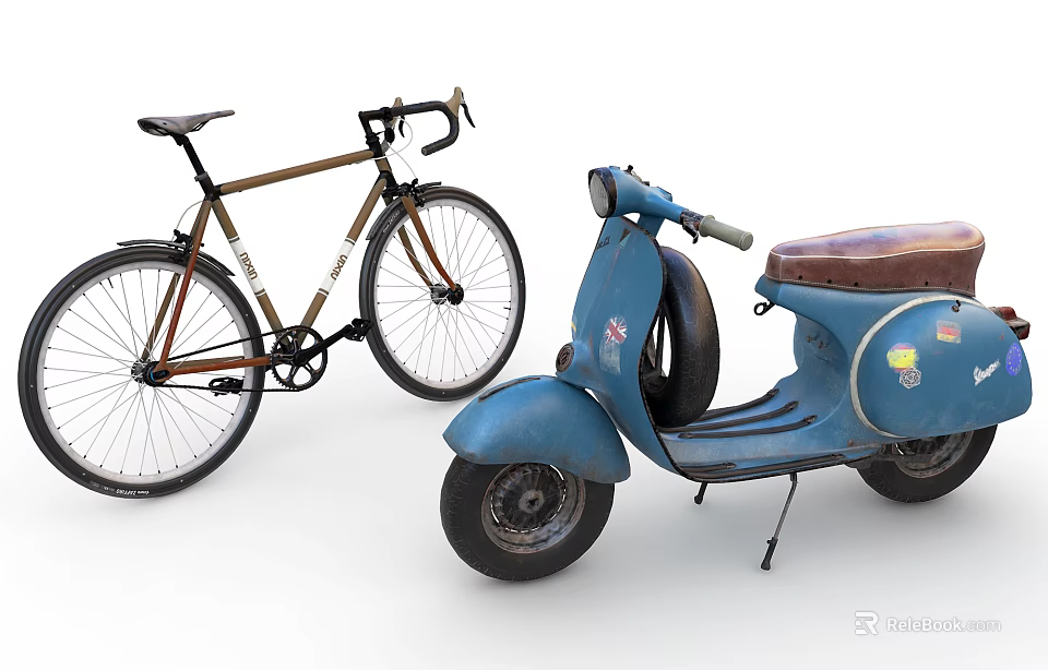 Vintage Blue Retro Scooter With Brown Leather Seat And Stickers 3d model 