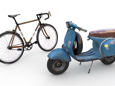 Vintage Blue Retro Scooter With Brown Leather Seat And Stickers 3d model