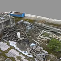 Aerial View Of Abandoned Ruins With Damaged Concrete Structures Wooden Debris And Metal Scraps