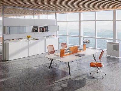 Bright Public Office Space Interior With Large Windows Sea View Orange Chairs And White Cabinets 3d model