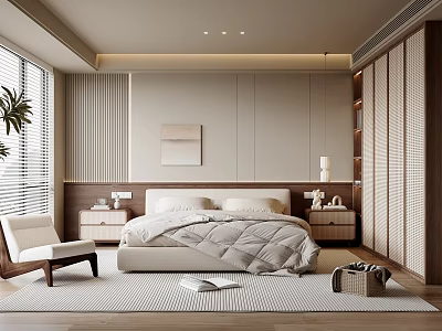 Modern Bedroom Interior Design With Large Bed Nightstands Blinds And Wall Art 3d model