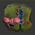 Miniature Garden Scene With Pink Tree Green Grass Rocks Water Pond And Red Mushrooms