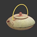 Light Green Striped Teapot With Brown Rattan Handle And Minimalist Natural Design