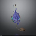 3D Rendered Hanging Decorative Structure With Blue Swirling Liquid Copper Ring And Wooden Base