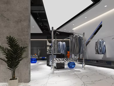 Modern Clothing Store Interior With Stylish Apparel Hanging Racks And Decorative Plants 3d model