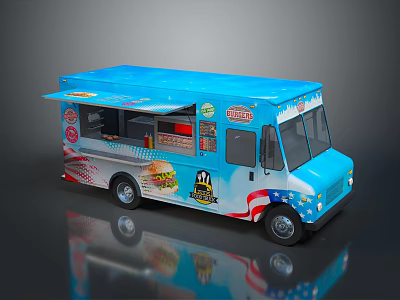 Blue Mobile Food Truck With Hamburger Graphics And American Flag Themed Exterior Design 3d model