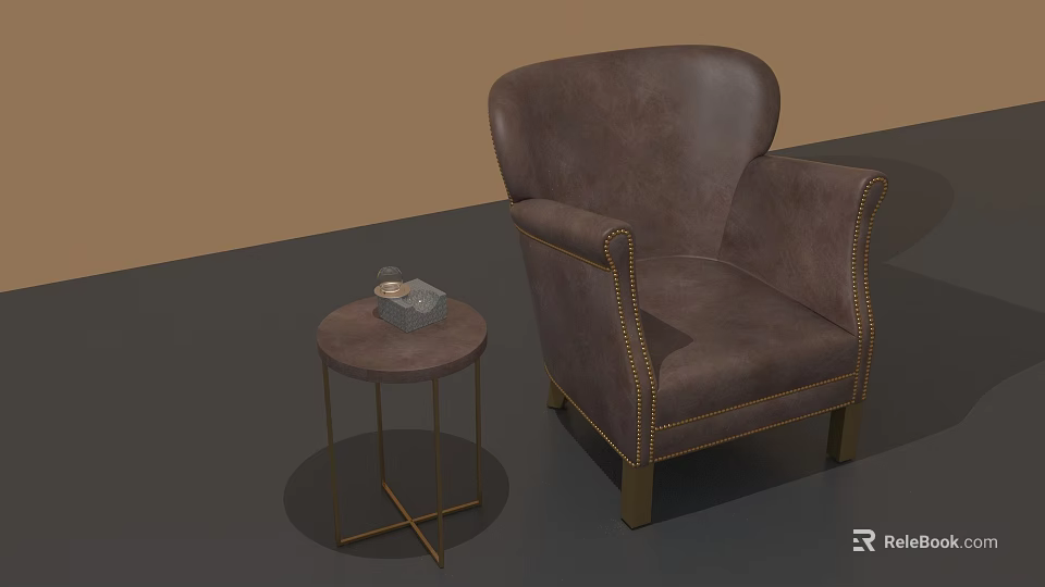 Brown Leather Single Sofa with Gold Legs Stitching Details and Small Round Side Table 3d model 