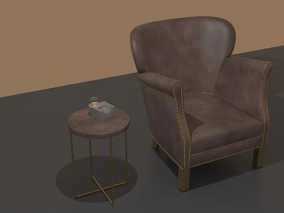 Brown Leather Single Sofa with Gold Legs Stitching Details and Small Round Side Table 3d model