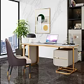 Modern Office Desk with Golden Legs White Marble Top Laptop Lamp Green Plant City View