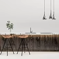 Modern Bar Counter With Marble Countertop Wooden Cabinets Brown Stools Green Plant Silver Pendant Lights
