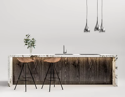 Modern Bar Counter With Marble Countertop Wooden Cabinets Brown Stools Green Plant Silver Pendant Lights 3d model